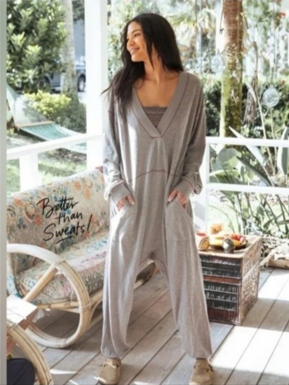 NATURAL LIFE Gray V-Neck Cozy One-Piece Loungewear